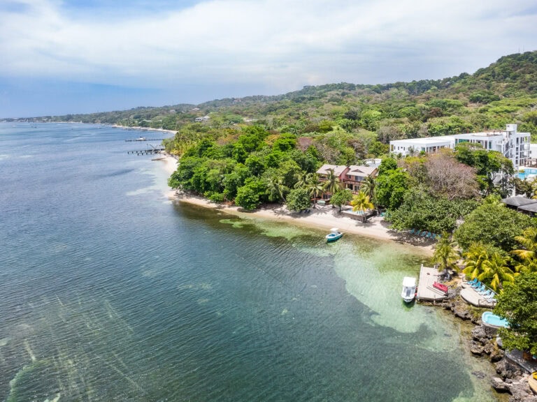 Aerial view of a tropical beach on Roatan, Honduras, featuring lush green trees, white sand shoreline, and clear turquoise waters with boats anchored near the coast.