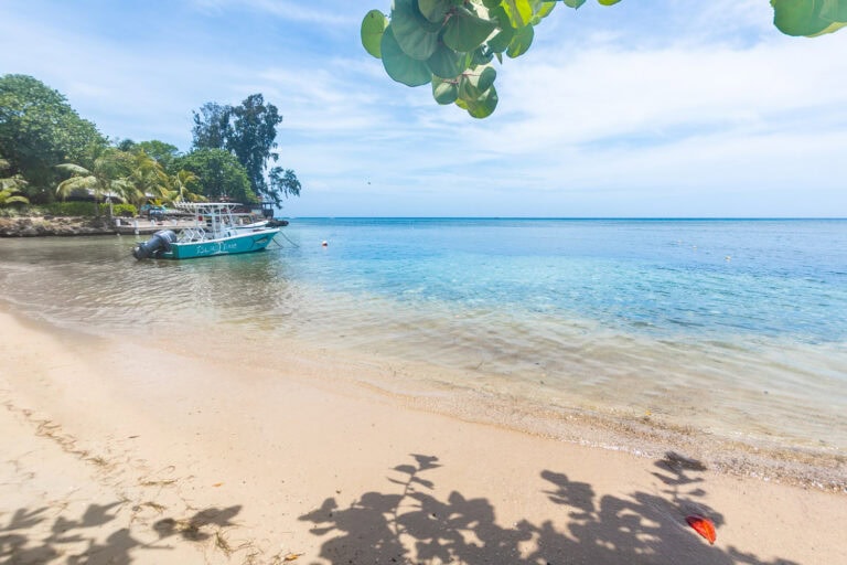 A serene Roatan beach in Honduras featuring clear turquoise waters, soft sandy shoreline, a small boat named 'Island Time' anchored near the shore, and lush green trees providing shade under a partly cloudy sky.