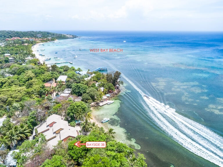 An aerial view of West Bay Beach on Roatan in the Bay Islands of Honduras showing clear blue waters, boats along the shoreline, and lush green vegetation with residential buildings nearby.