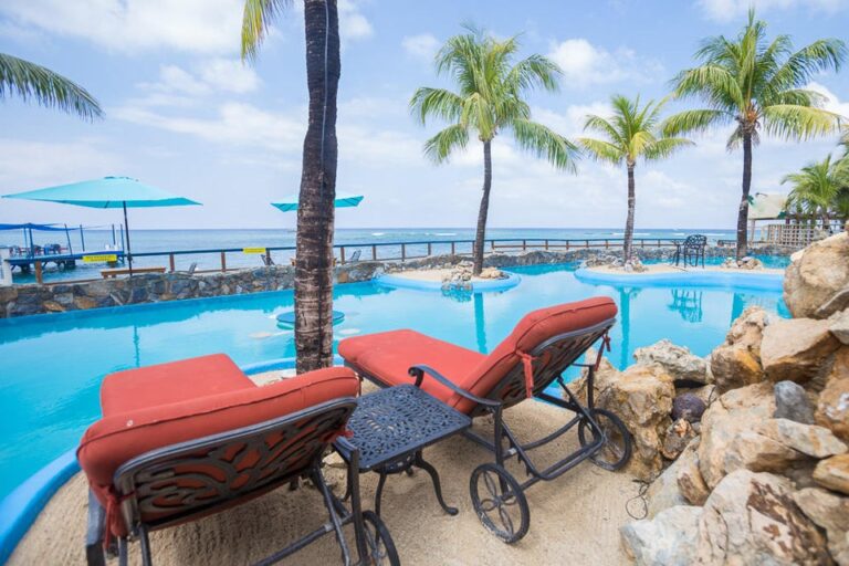 Luxury poolside lounge chairs overlooking the ocean and palm trees on Roatan, Honduras, with a clear blue sky and a calm sea in the background.