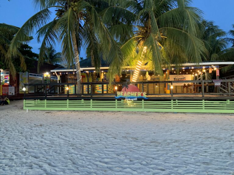 A beachfront bar and grill in Roatan, Honduras, featuring a colorful exterior, string lights, and palm trees illuminated at dusk with sandy shoreline in the foreground.