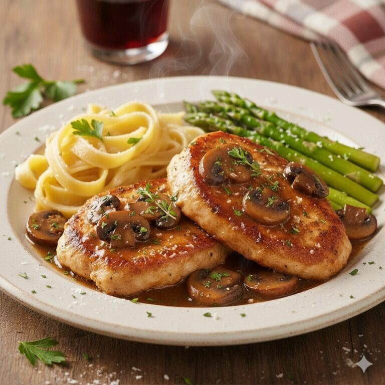 A plate of grilled chicken topped with mushroom sauce, served with spaghetti and steamed asparagus, on a wooden table in a restaurant setting in Roatan, Honduras.