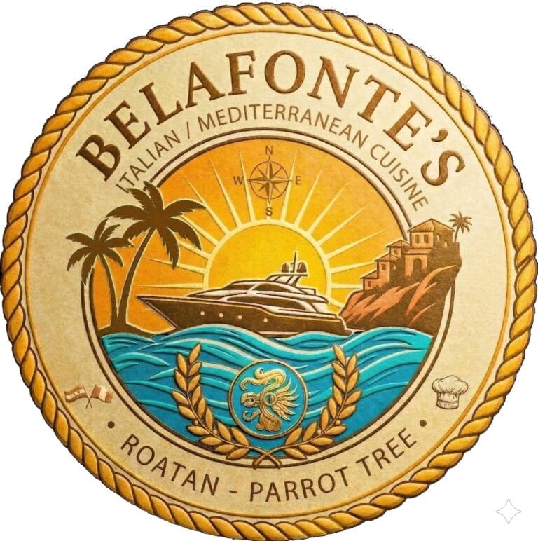 A decorative wooden emblem featuring a sun with palm trees, houses, and a boat, representing Roatan, Honduras, with inscriptions referencing the island's native, Mediterranean, and Caribbean influences.