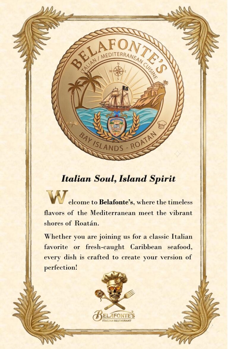 The Belafonte's Italian restaurant logo featuring a sailing ship, palm trees, and a crest with the word Roatan amidst a decorative gold border on a textured beige background in Honduras.