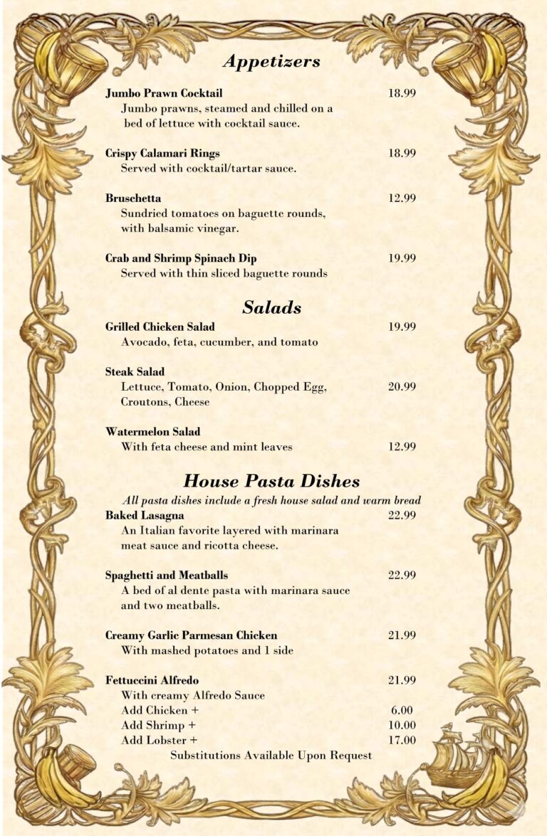 A printed restaurant menu from Roatan, Honduras, listing appetizers and salads with decorative golden framing and illustrations of beer mugs and a basket of bread