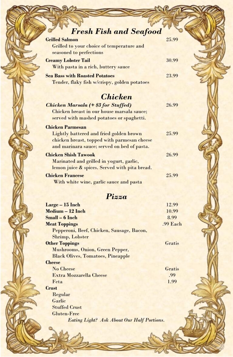 A decorative menu from a restaurant in Roatan, Honduras, featuring sections for Fresh Fish and Seafood, Chicken, Pizza, and other dishes with ornate gold and brown border elements.