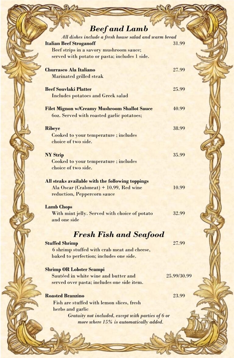 A restaurant menu from Roatan, Honduras, featuring beef and lamb dishes with ornate gold decorative borders.