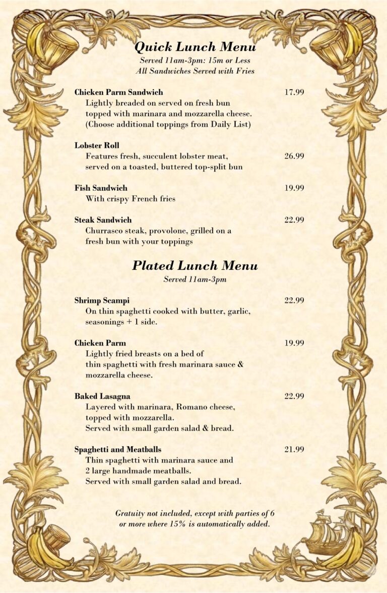 Roatan Honduras restaurant menu with a decorative gold border featuring bananas and tropical themes