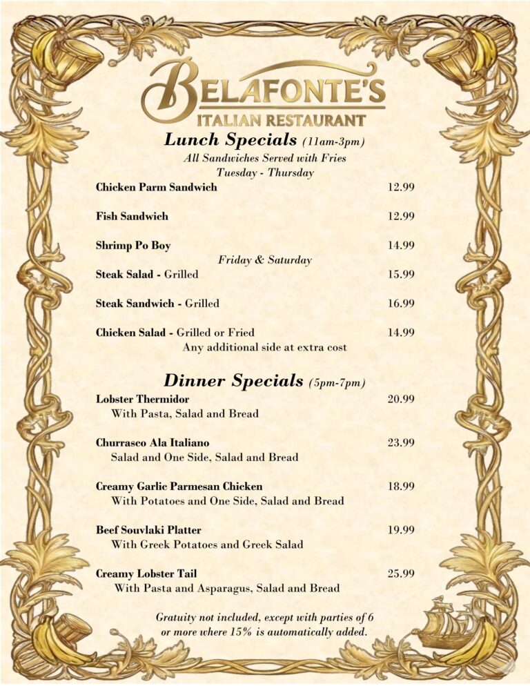 Dinner menu at Belafonte's Italian Restaurant in Roatan, Honduras, featuring various Italian dishes with prices, bordered by an ornate gold decorative frame.