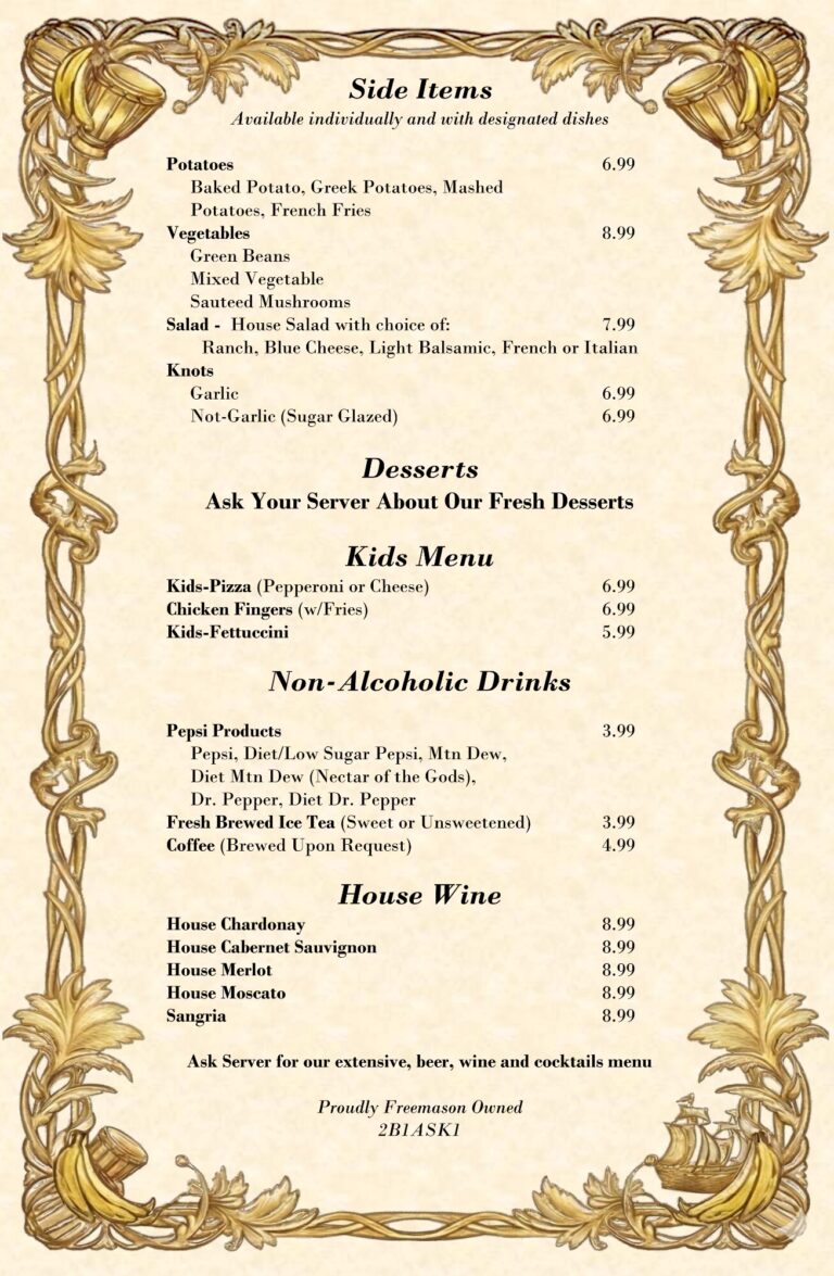 A menu listing side items, desserts, kids' menu, non-alcoholic drinks, and house wine with decorative gold frame featuring musical instruments and leaves, set on a beige background on Roatan, Honduras.