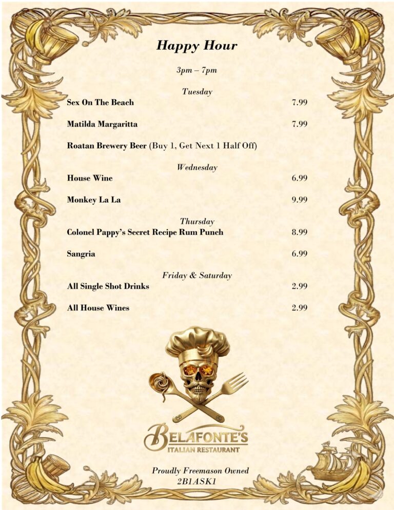 Decorative menu featuring skull and crossbones with crossed fork and spoon, surrounded by gold-colored leaves, featuring a menu from Belafonte's Italian Restaurant in Roatan, Honduras.