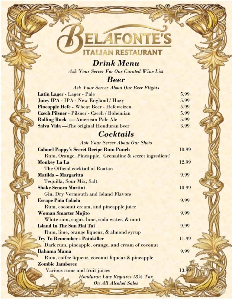 Decorative menu for an Italian restaurant in Roatan, Honduras, featuring wine, beer, and cocktail options with ornate gold borders and a vintage style.