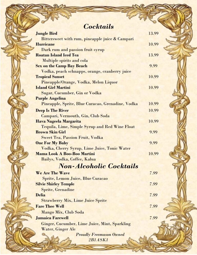 A detailed list of cocktails and non-alcoholic beverages with decorative gold vine border, set against a light background, showcasing drinks available in Roatan, Honduras.