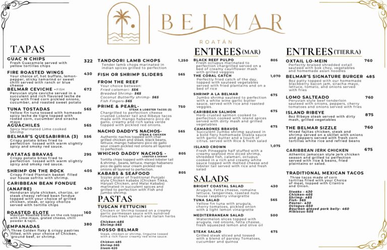 Belmar Roatan restaurant menu from Roatan, Honduras, displaying tapas, seafood and meat entrées, salads, pastas, and desserts in a gold-bordered layout.