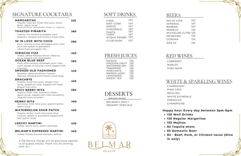 Belmar Kitchen's bordered menu in Roatan, Honduras, presents signature cocktails, soft drinks, beers, juices, desserts, and wines.