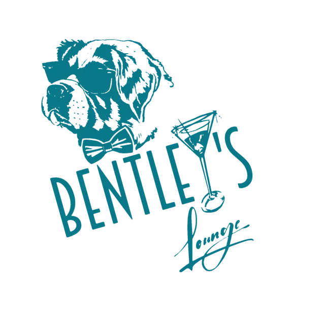 Blue stylized sketch of a woman with curly hair and large sunglasses, with the words 'BENTLEY'S' and 'LA' integrated into the design, representing a business on Roatan in Honduras.