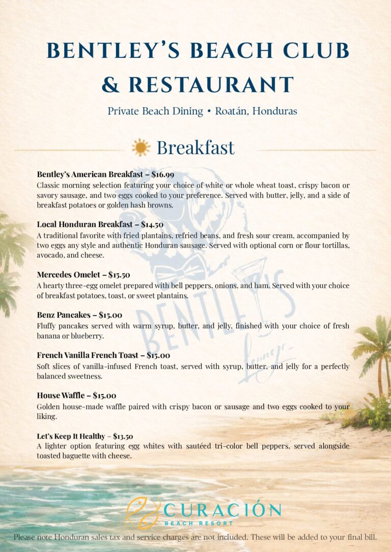 Bentley’s Beach Club & Restaurant breakfast menu displayed over a tropical beach scene in Roatan, Honduras.