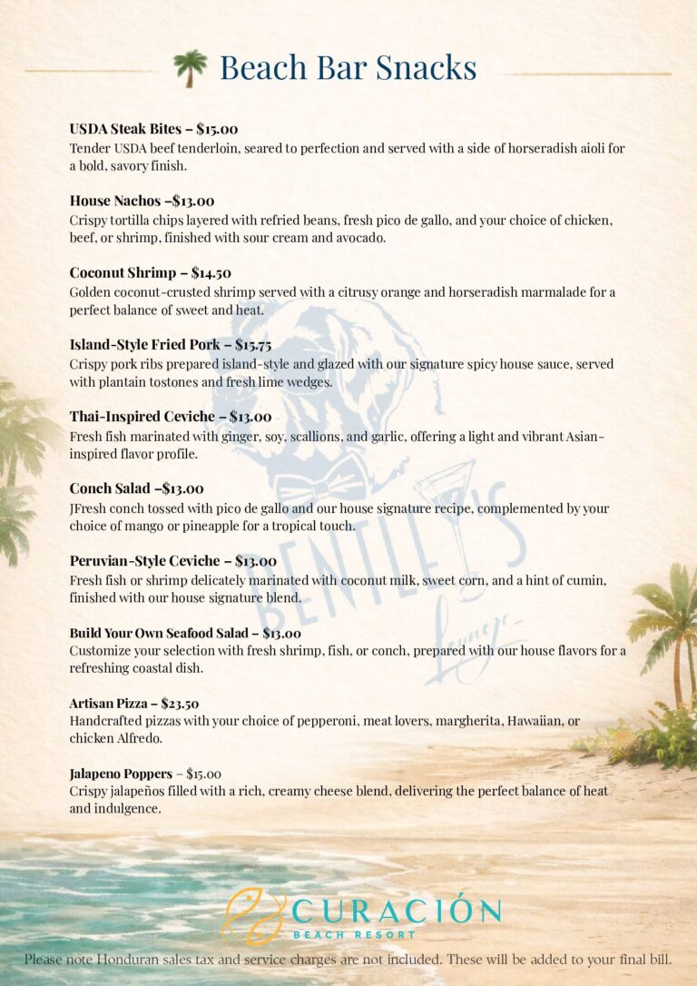 A Beach Bar Snacks menu lists tropical dishes over a sandy beach scene with palm trees and turquoise water in Roatan, Honduras.
