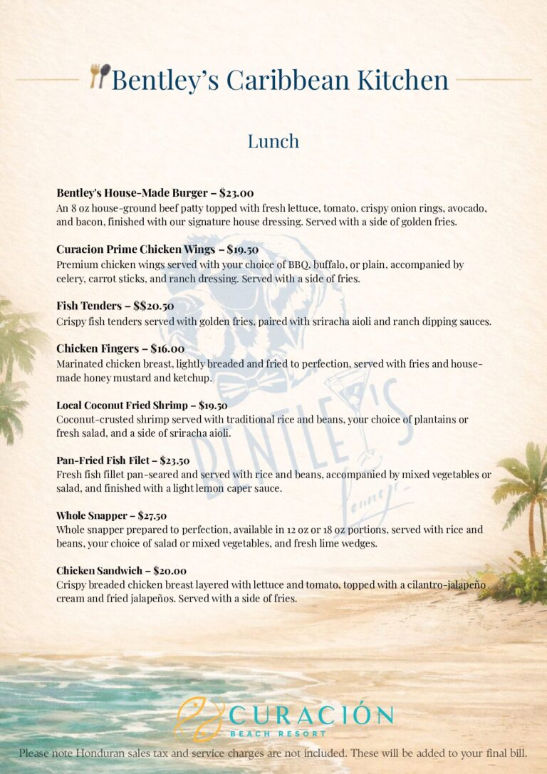 Bentley’s Caribbean Kitchen lunch menu featuring Caribbean dishes over a tropical beach background in Roatan, Honduras.