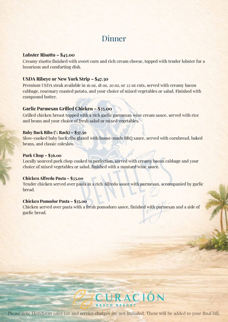Curación Beach Resort dinner menu listing seafood, steak, chicken, pork, and pasta dishes in Roatan, Honduras.