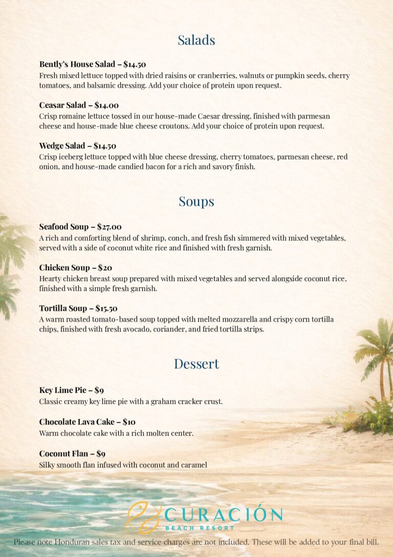 Curación Kitchen + Bar menu page listing salads, soups, and desserts in Roatan, Honduras.