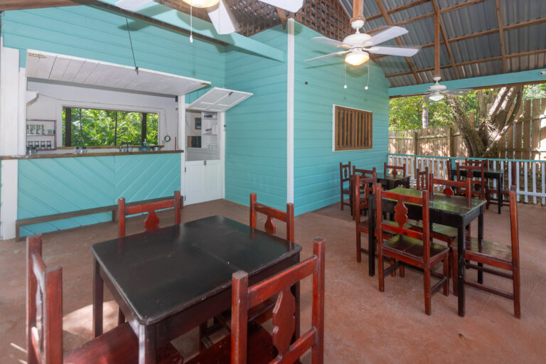 Indoor dining area with turquoise wooden walls, dark wooden tables and chairs, ceiling fans, and a large window overlooking lush greenery in Roatan, Honduras.