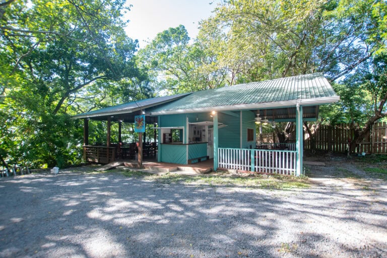 A small, turquoise restaurant with a metal roof situated among lush green trees on Roatan, Honduras, featuring an outdoor seating area and a small counter for ordering. The setting is shaded and tropical, reflecting the island's relaxed atmosphere.