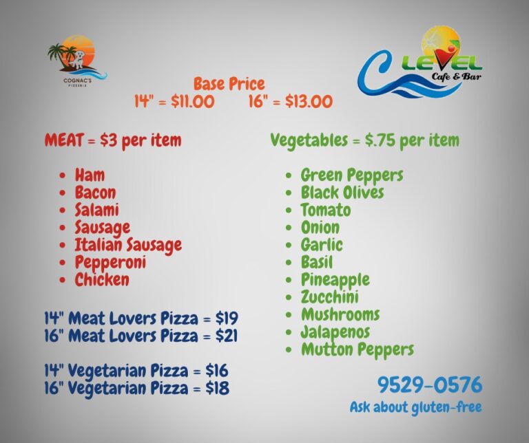 A menu displayed on a gray background shows prices and food options at LeveL Cafe & Bar in Roatan, Honduras, featuring different pizza sizes, meat, and vegetable toppings, with colorful text and logos of the establishment.