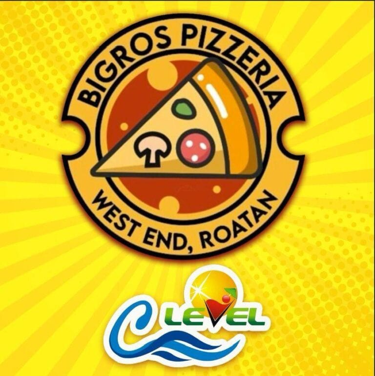 A colorful logo featuring a slice of pizza with toppings, including mushroom, tomato, and basil, for Bigros Pizzeria located in West End, Roatan, Honduras, with a yellow background and the text "Roatan" and "West End" surrounding the pizza graphic.