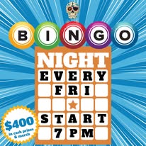 A colorful BINGO night poster advertising a weekly event every Friday at 7 PM in Roatan, Honduras, featuring a prize of $400, with playful fonts and a vibrant background.