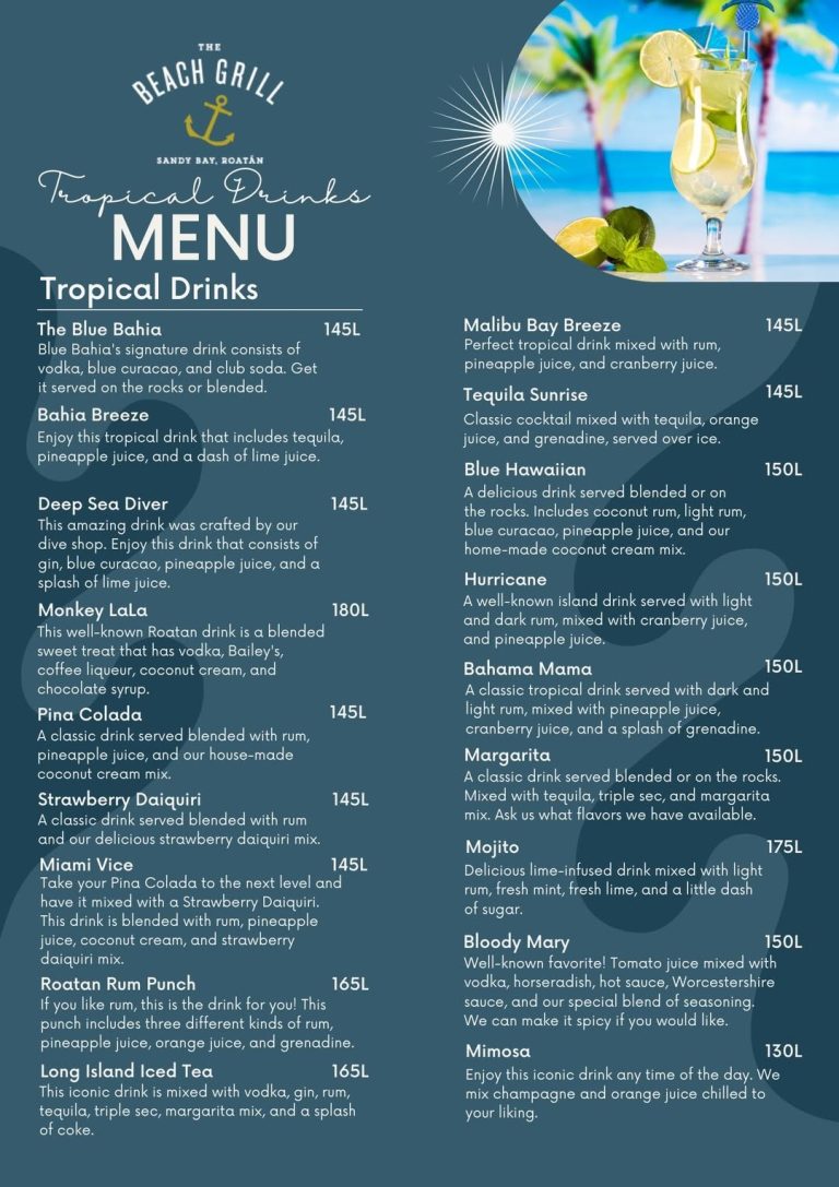 A menu for tropical drinks at The Beach Grill in Sandy Bay, Roatan, Honduras, featuring colorful images of a lemon cocktail with palm trees and ocean in the background.