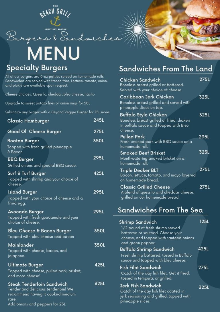 A menu for The Beach Grill in Sandy Bay, Roatan, Honduras, features options for specialty burgers, land-based sandwiches, and seafood sandwiches, with images of a hamburger and fries displayed at the top right corner.