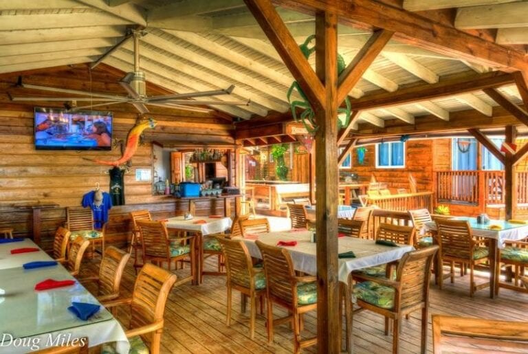 A lively open-air dining area with wooden tables and chairs, colorful napkins, tropical decor including a mounted parrot and green vine, a flat-screen TV, and a bar in the background, all set in a rustic wooden structure on Roatan, Honduras.
