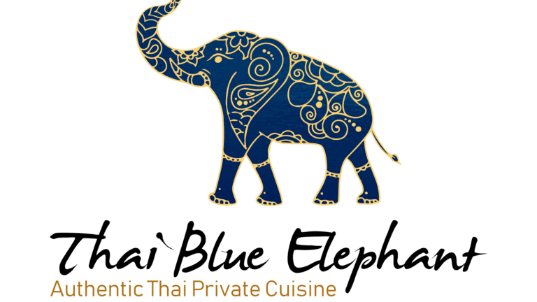 The image displays a logo featuring an intricately patterned blue elephant outlined in gold, with the text "That Blue Elephant" and "Authentic Thai Private Cuisine" beneath it, representing a restaurant in Roatan, Honduras.