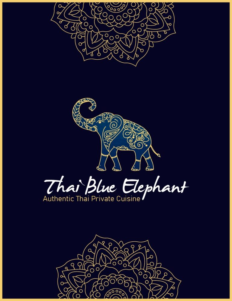 The image features a dark blue background with gold decorative mandala patterns at the top and bottom edges, a stylized gold outline of an ornate elephant in the center, and the text "Thai Blue Elephant" along with "Authentic Thai Private Cuisine" written in white and gold below the elephant, representing a restaurant in Roatan, Honduras.