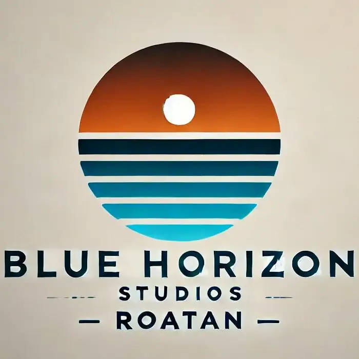 A logo featuring a stylized sunset over a blue ocean with horizontal lines, accompanied by the text "Blue Horizon Studios Roatan," representing a business in Roatan, Honduras.