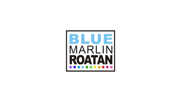 The image shows a logo for Blue Marlin Roatan, featuring bold text with "BLUE" in light blue, "MARLIN" in black, and "ROATAN" in black, enclosed in a black square outline with a row of colorful dots beneath the text, on a white background related to a business listing for Roatan in Honduras.