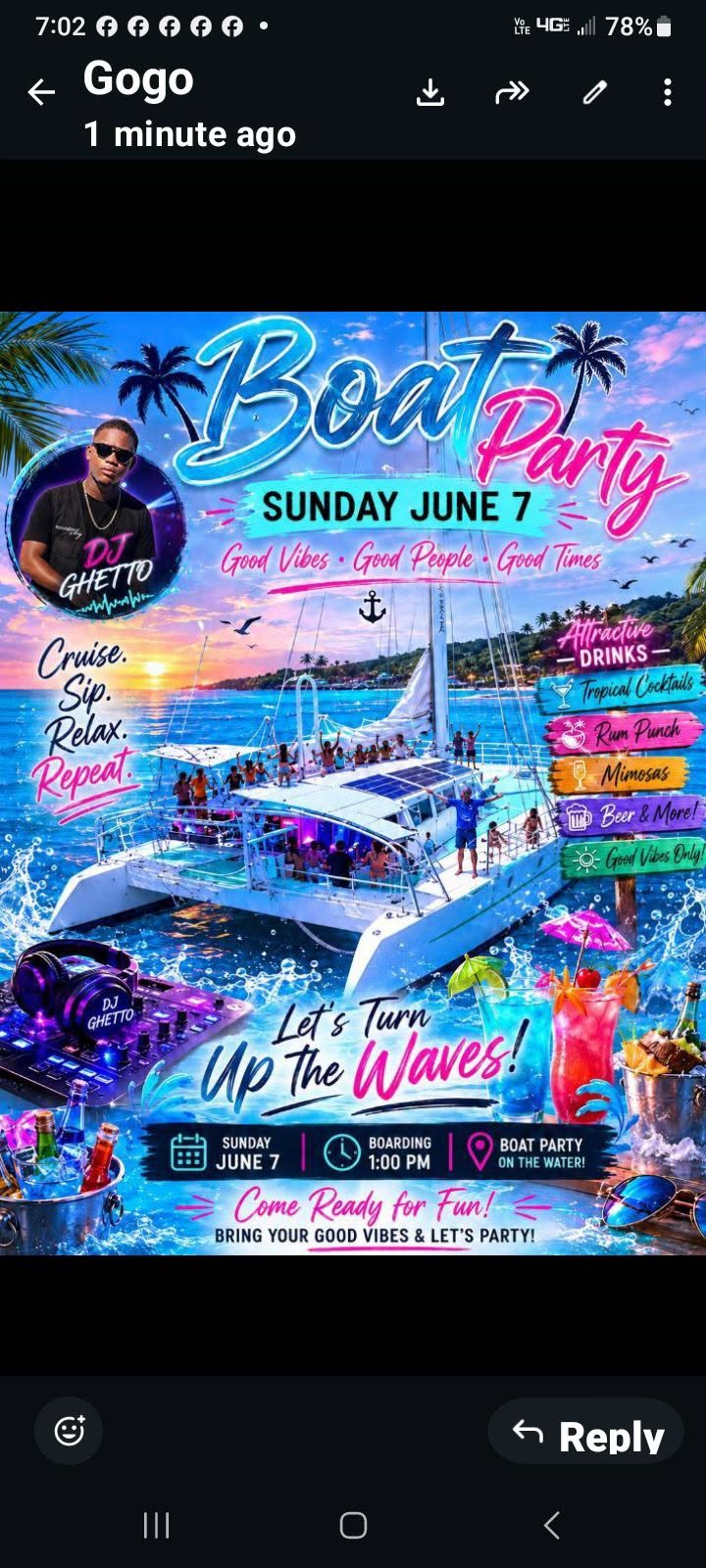 An advertisement for a boat party event in Roatan, Honduras, featuring a colorful illustration of a yacht on the water with tropical drinks and palm trees in the background.
