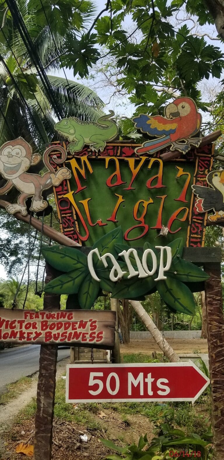 A colorful, jungle-themed sign for Mayan Jungle in Roatan, Honduras, features cartoon images of a monkey, iguana, and parrot, with green leaves and tropical trees in the background and a sign indicating the location is 50 meters away.