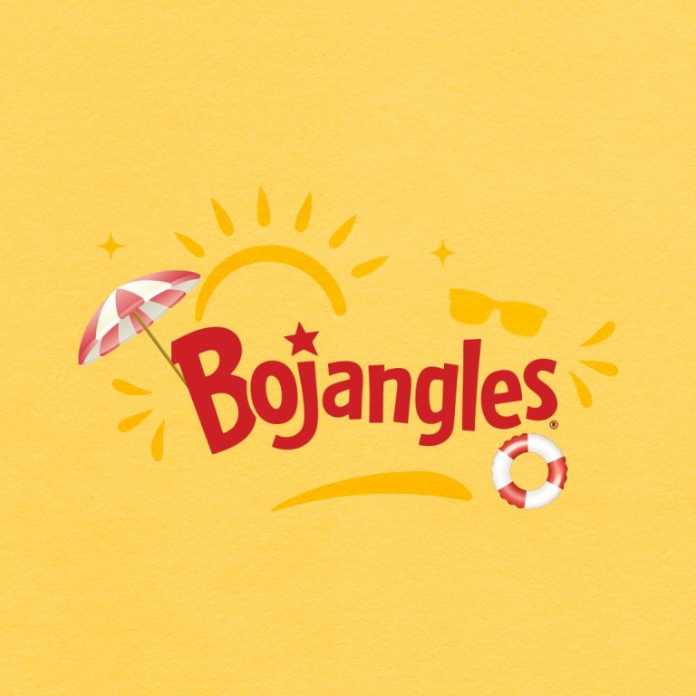 Bojangles logo featuring a red and white striped beach umbrella, a sun with rays, sunglasses, a life preserver, and playful stars on a yellow background, representing a business in Roatan, Honduras.