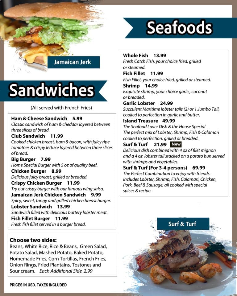 A menu for seafood dishes featuring items like whole fish, fish fillet, shrimp, and lobster, with prices and descriptions, is displayed alongside a close-up of a plate of grilled shrimp, garnished and ready to serve, on a background of a business listing for Roatan, Honduras.