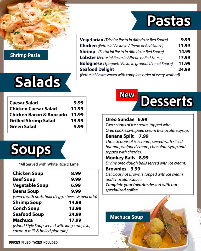 A menu featuring various pasta and soup dishes, with prices listed in US dollars, is displayed on a white background with sections for salads, pastas, and desserts, and includes images of shrimp pasta and Machuca soup, set against a backdrop indicating a business in Roatan, Honduras.