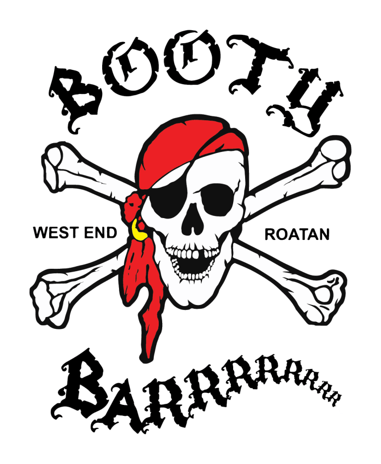 A logo featuring a skull with an eyepatch and a red bandana, with crossed bones behind it, and the words "Roatan" and "West End" on either side, representing a pirate theme associated with Roatan, Honduras.
