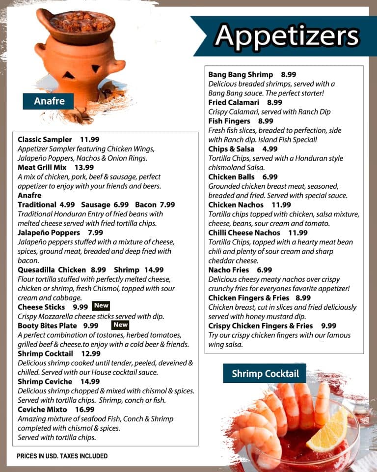 A menu from a restaurant in Roatan, Honduras, displaying various appetizer options such as shrimp, calamari, fish fingers, chicken wings, quesadilla chicken, and seafood platter, with a background image of a shrimp cocktail garnished with lemon and shrimp in a glass.