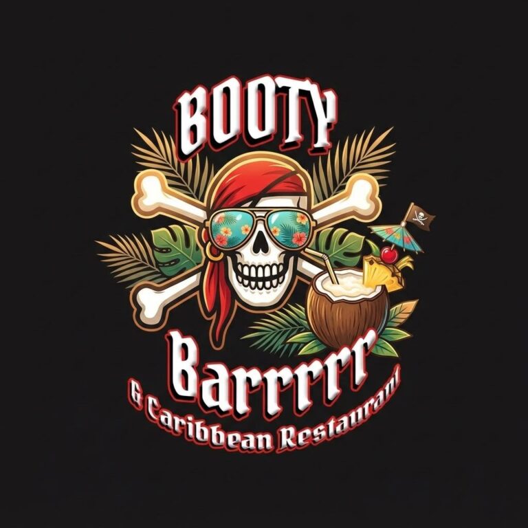 The image features a colorful logo for "Booty Barrrr" Caribbean restaurant in Roatan, Honduras, with a cartoon skull wearing sunglasses, a red bandana, and a tropical drink with an umbrella and cherry, surrounded by palm leaves and crossbones on a black background.