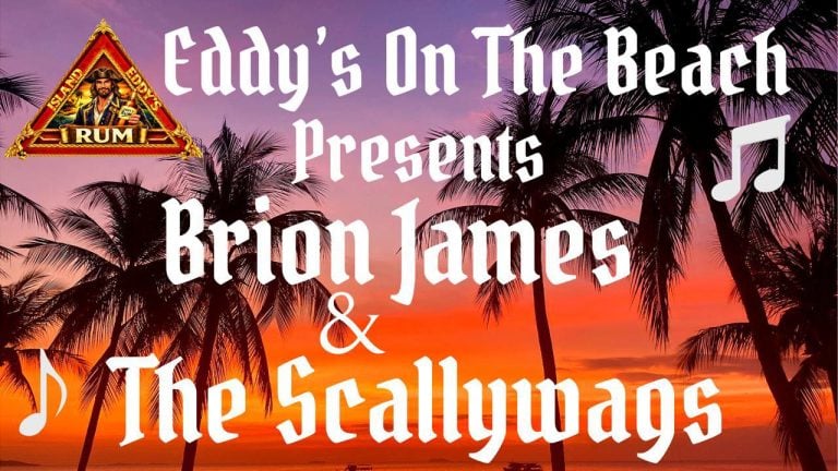A promotional image for a music event in Roatan, Honduras, features a sunset scene with silhouetted palm trees and colorful sky, displaying the names of performers Brion James and The Scallywags along with musical note icons.