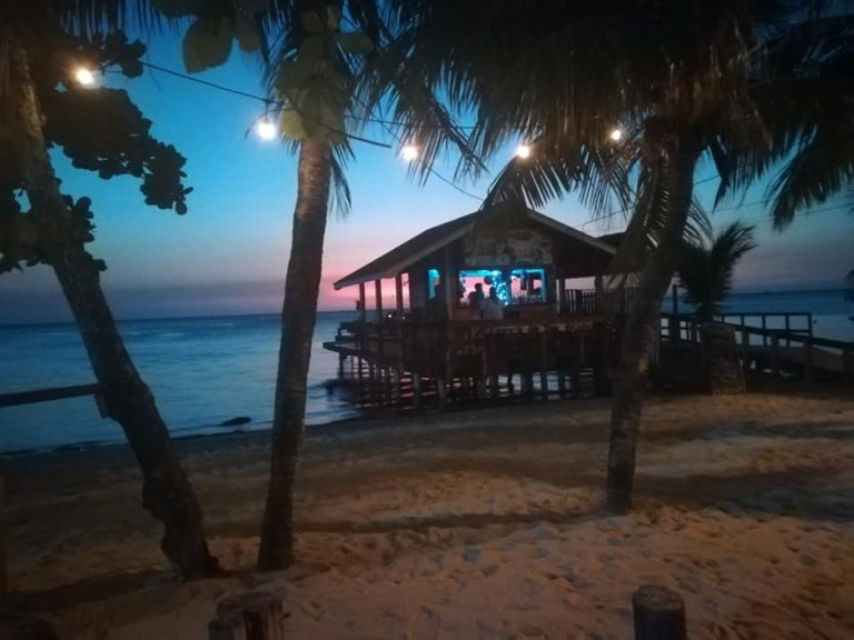 A beachfront bar or restaurant on Roatan, Honduras, with a wooden structure built on stilts over the sand and ocean, illuminated by string lights, surrounded by palm trees at sunset or dusk.