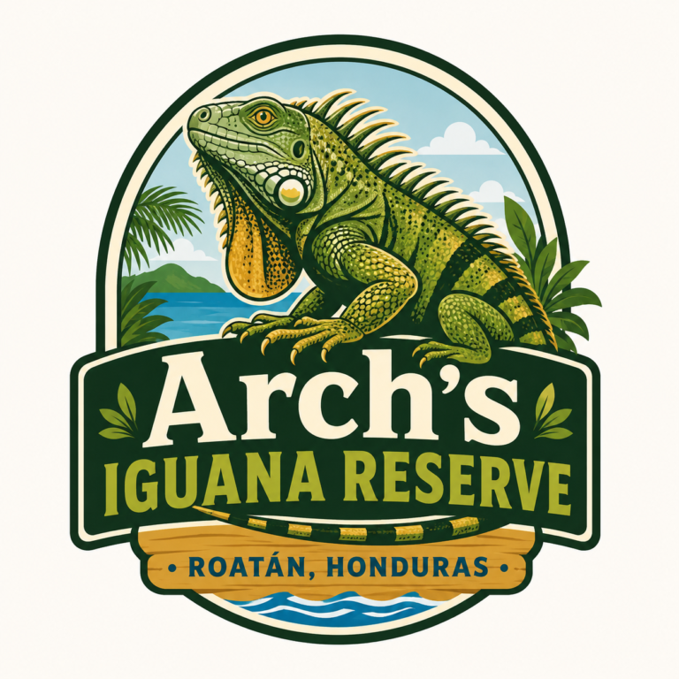 Colorful emblem featuring a green and yellow iguana with spines along its back, set against a background of tropical landscape with water, mountains, and clouds, representing Roatan in Honduras.