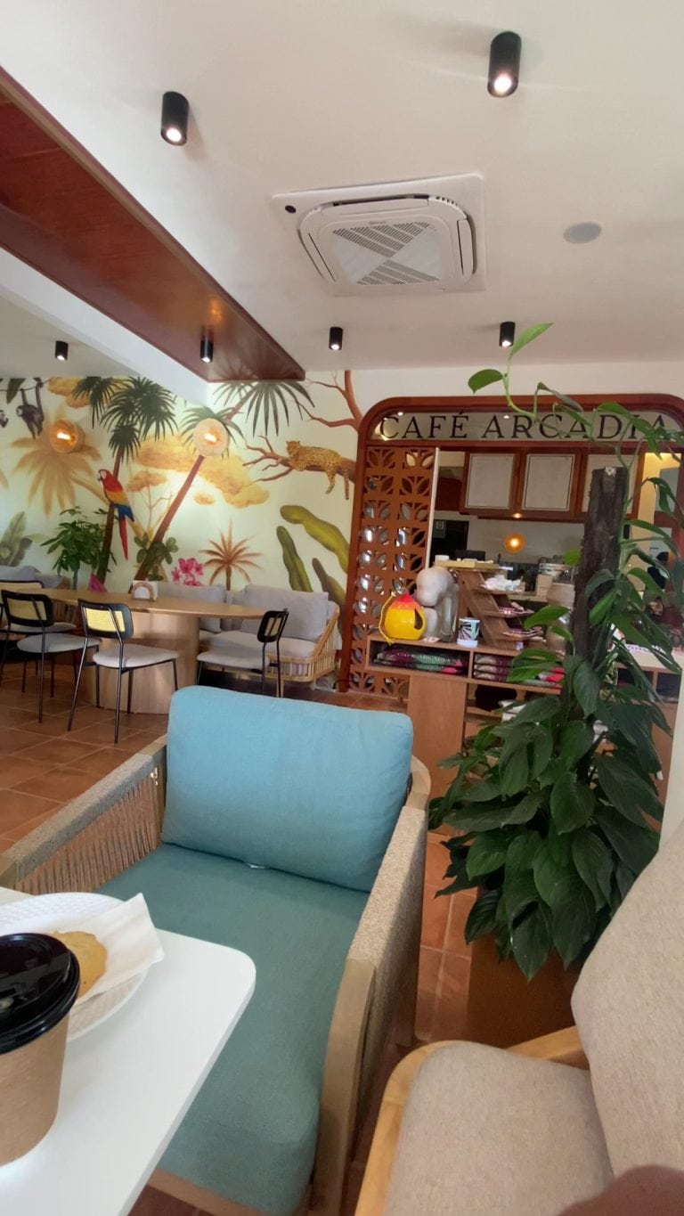 The interior of Café Arcadia in Roatan, Honduras features tropical-themed wall art, wooden accents, comfortable seating, and lush green plants, creating a relaxed, island-inspired atmosphere.