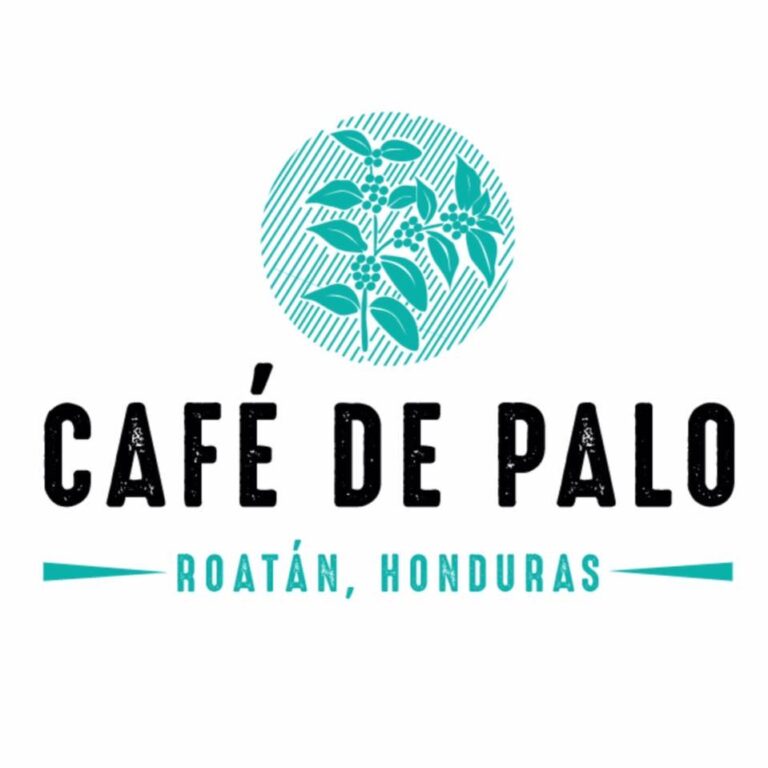 The image displays the logo of Café de Palo, featuring a stylized botanical illustration of a coffee plant with leaves and berries, accompanied by the text "Roatan, Honduras" indicating its location on the island of Roatan in Honduras.